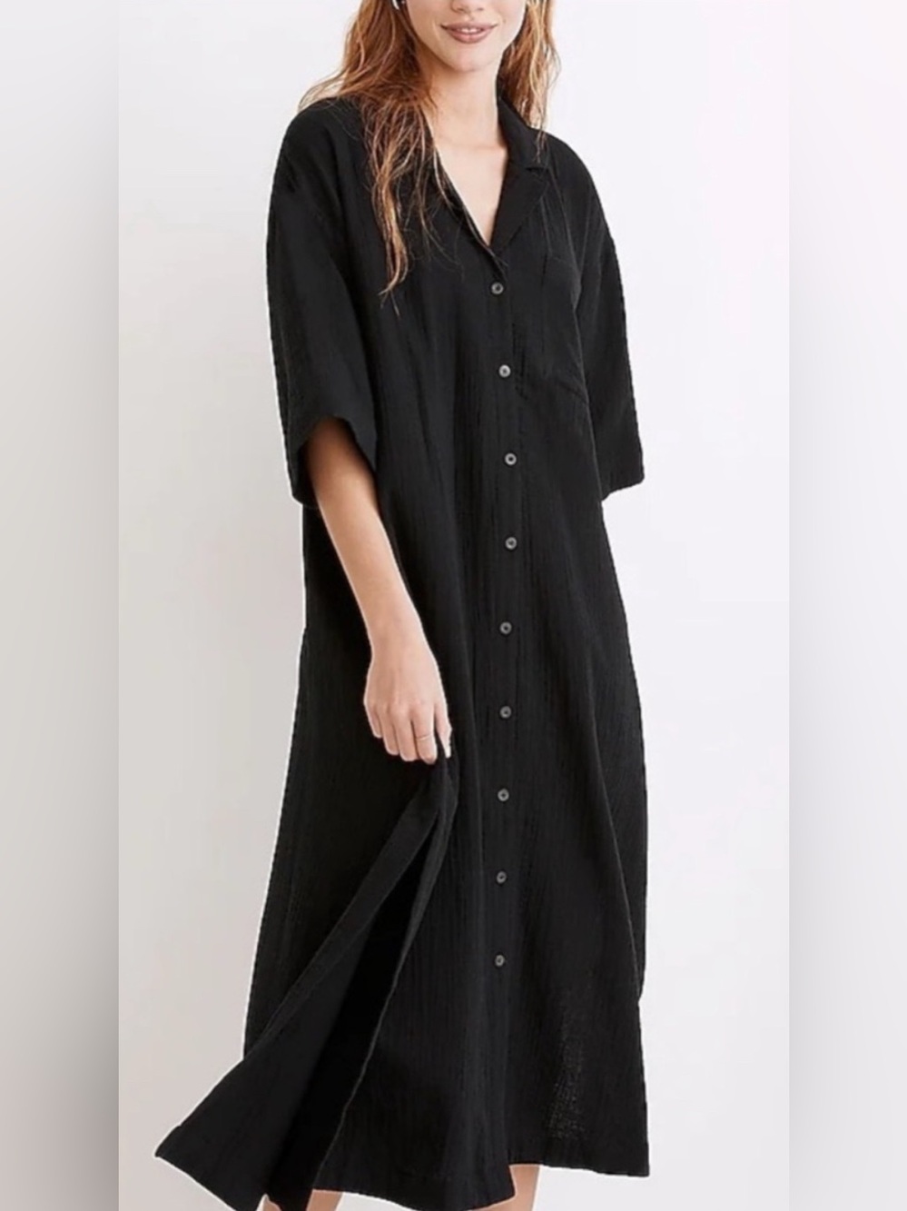Madewell Black Lightestspun Cover-Up‎ Maxi Shirtdress Sz Small Black Loose Fit